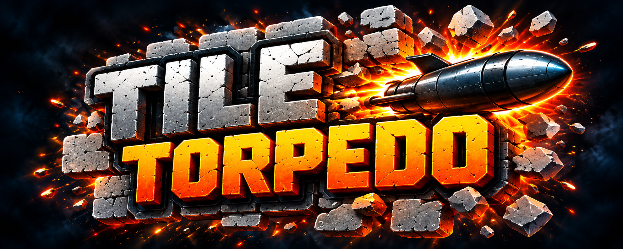 Tile Torpedo logo: stone lettering and a torpedo bursting through flames
